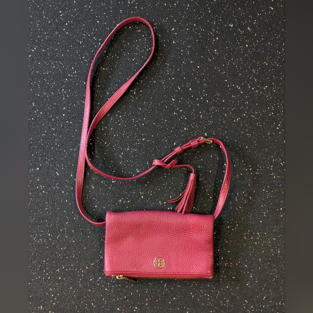 Tory Burch Mini Robinson Fold over Red Pebbled Leather Crossbody